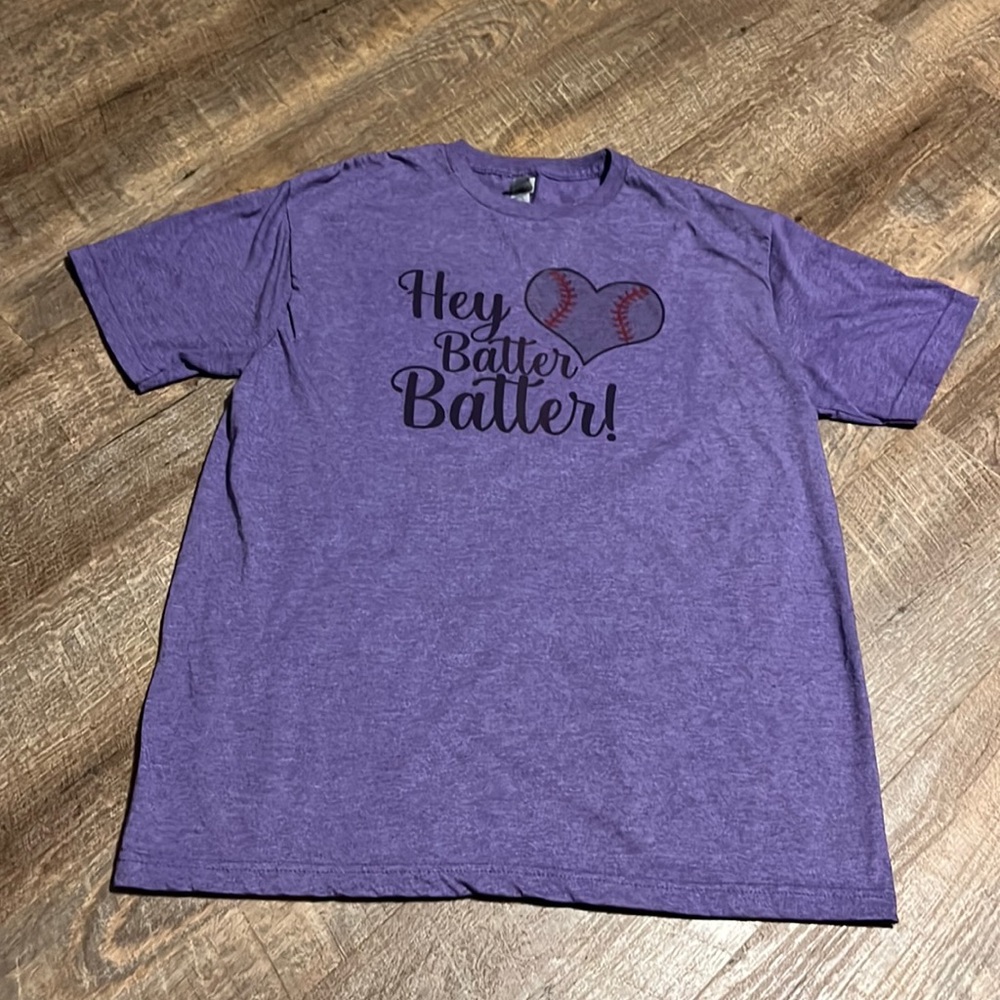 Gildan purple large tee “Hey Batter Batter”